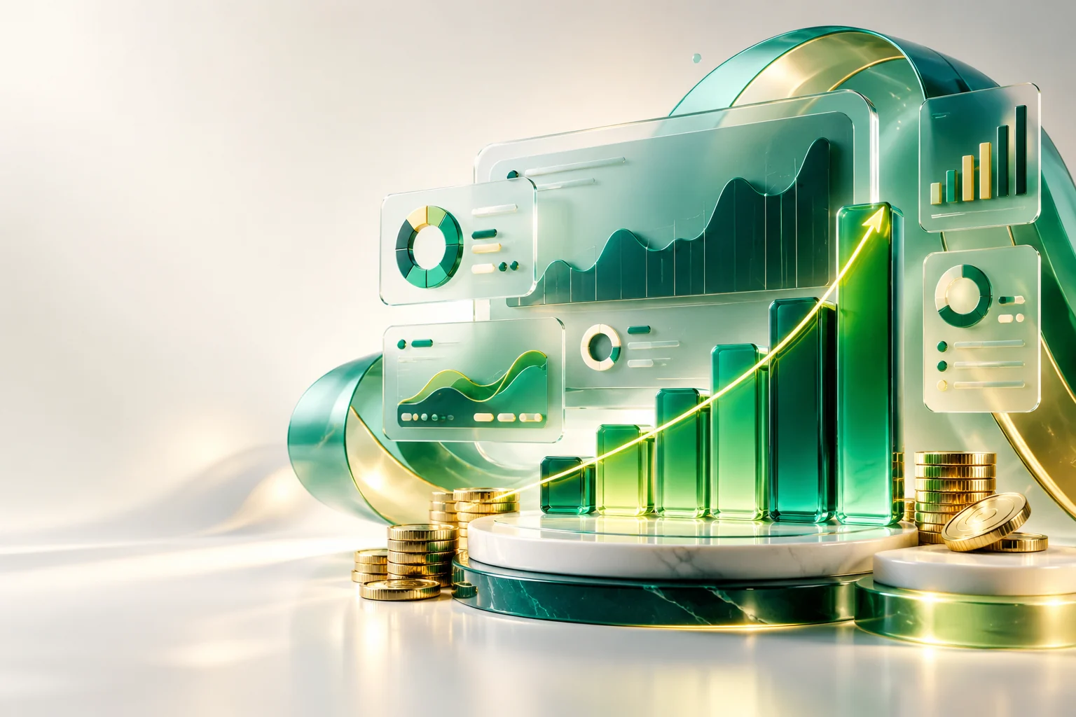 Arte tridimensional de gráficos financeiros ascendentes, relatórios transparentes e moedas douradas